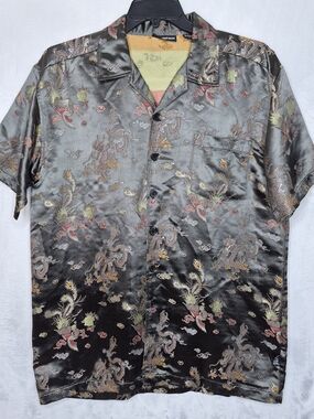 Vintage Y2K ODO Dragon Embroidered Satin Short Sleeve Button Shirt Mens Large